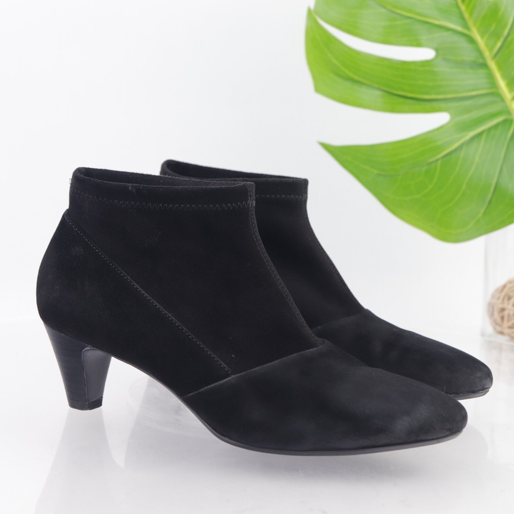 Ecco Womens Boots Size 38 7 Black Suede Stretch Pull On Booties Low Kitten Heels